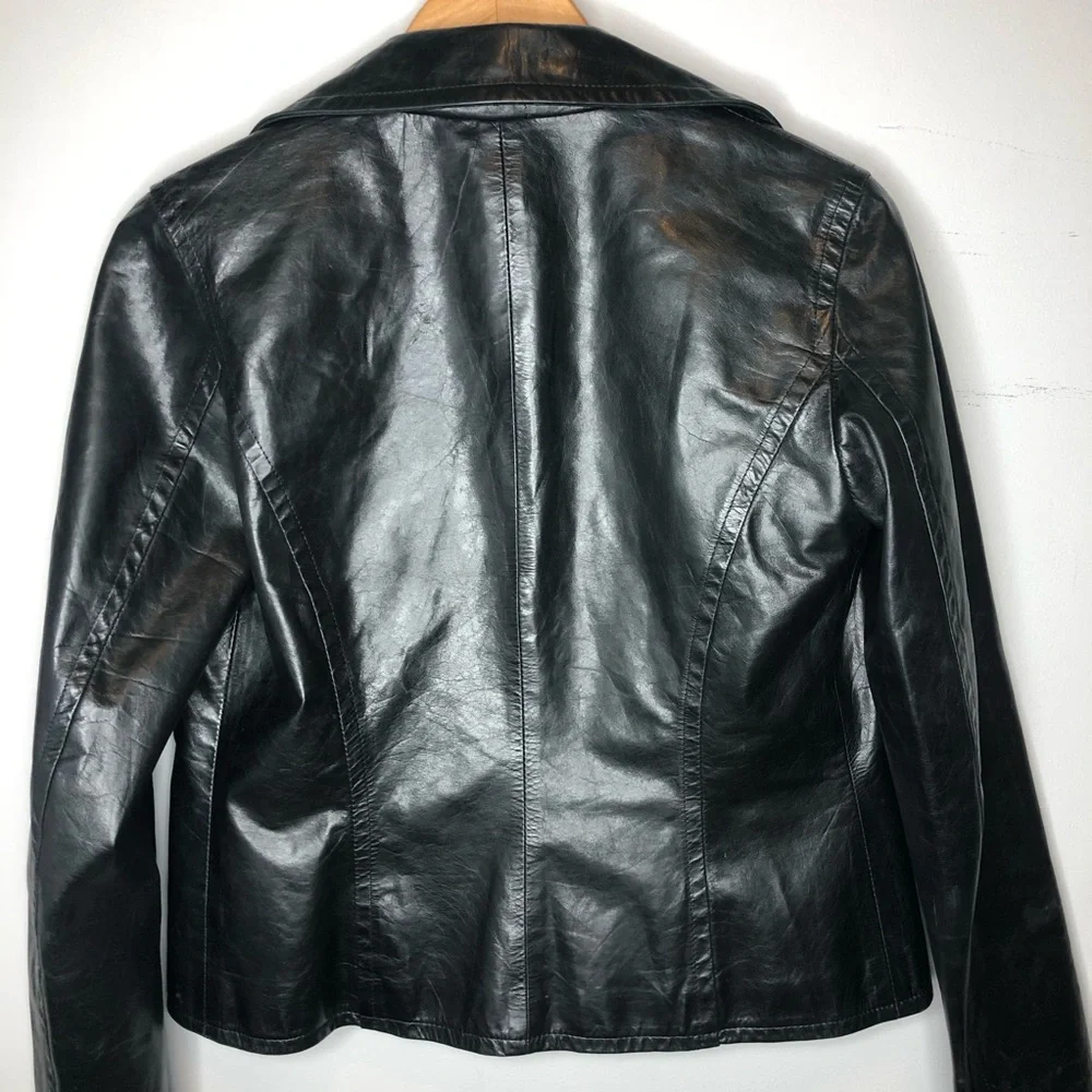 The Wrights Black Leather Double Breasted Jacket Moto Size 8 - Picture 12 of 13